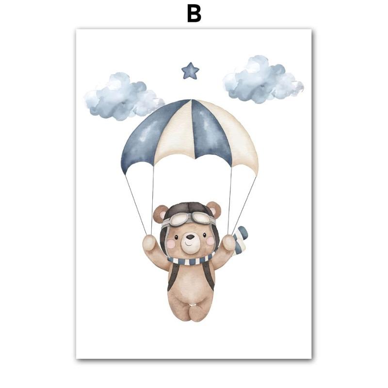 Boho Bear Aircraft Hot Air Balloon Cloud Nursery Posters Wall Art Print Canvas Painting Baby Kids Room Home Decoration Picture
