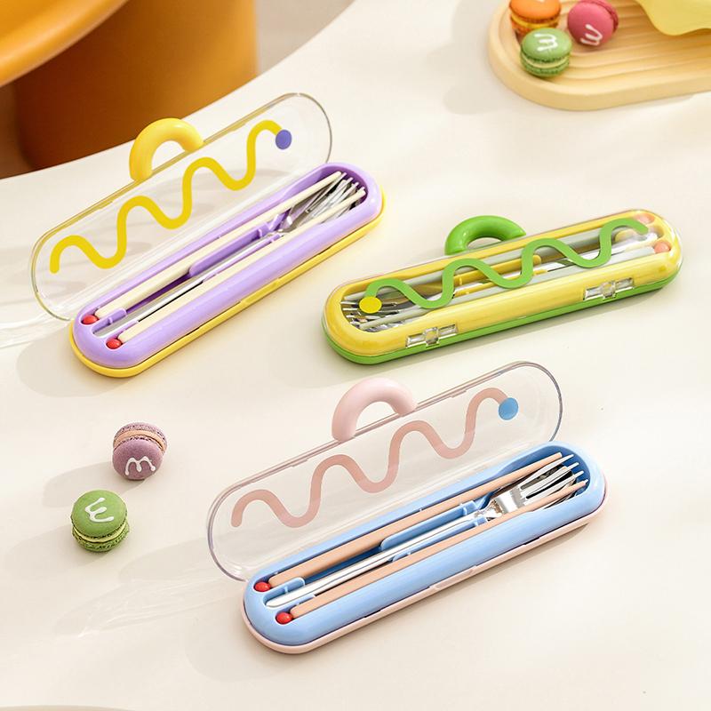 3-Piece Dopamine Portable Utensil Set -304 Stainless Steel Chopsticks Fork Spoon Kit for Students & Office Workers