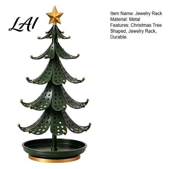 Holiday Tabletop Decor Christmas Tree Jewelry Stand 360 Degree Rotating Base Metal Earring Display Stand Rack Dark Green Tray for Necklaces