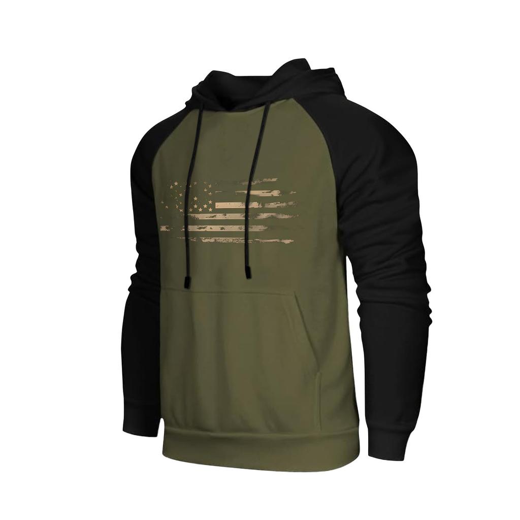 Men's Casual Hooded Drawstring Long Flag Print Sweatshirt With Pockets