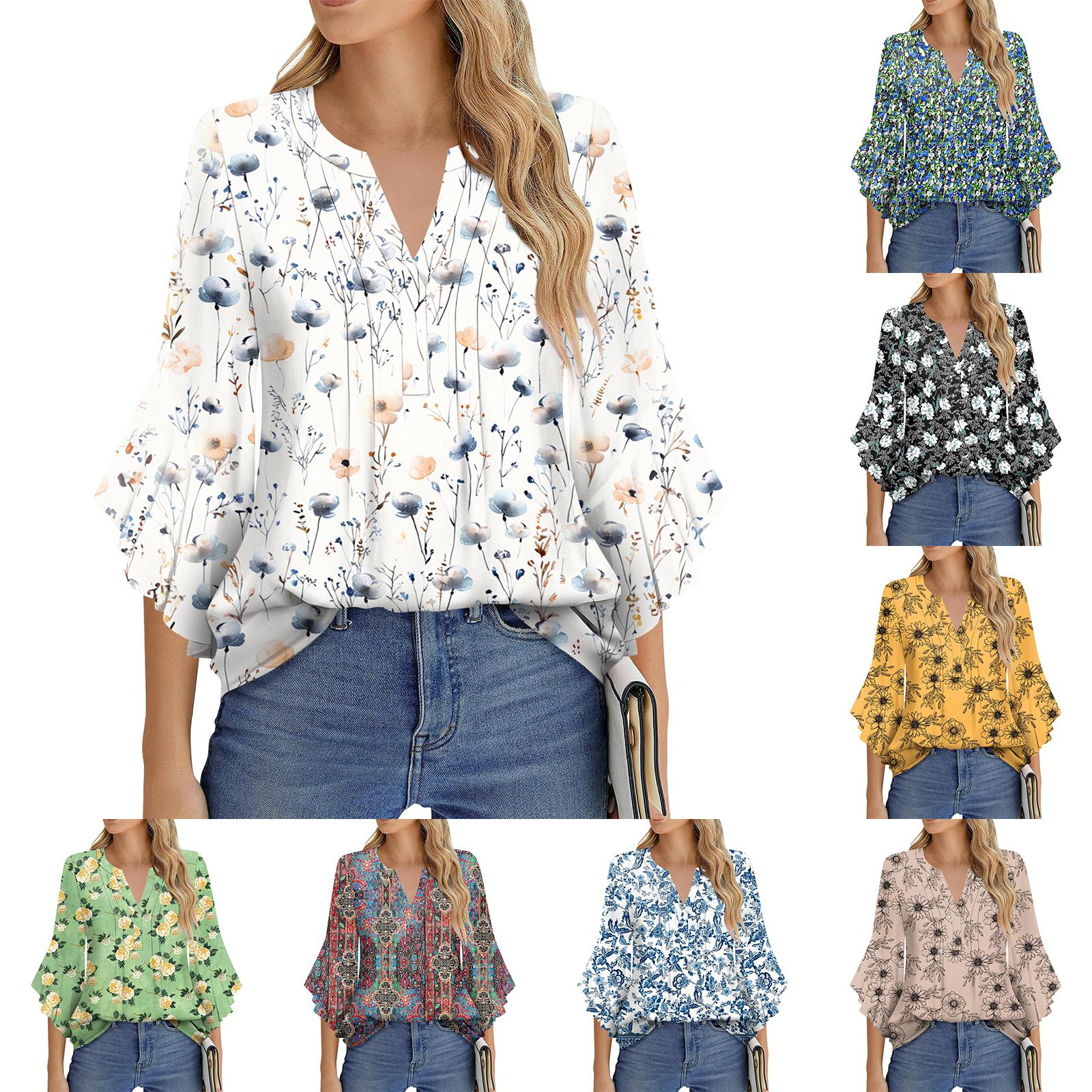 

Women s Fashion Casual Pleated V-Neck Solid Color Three-quarter Sleeve T-Shirt Elegant Top M хакі