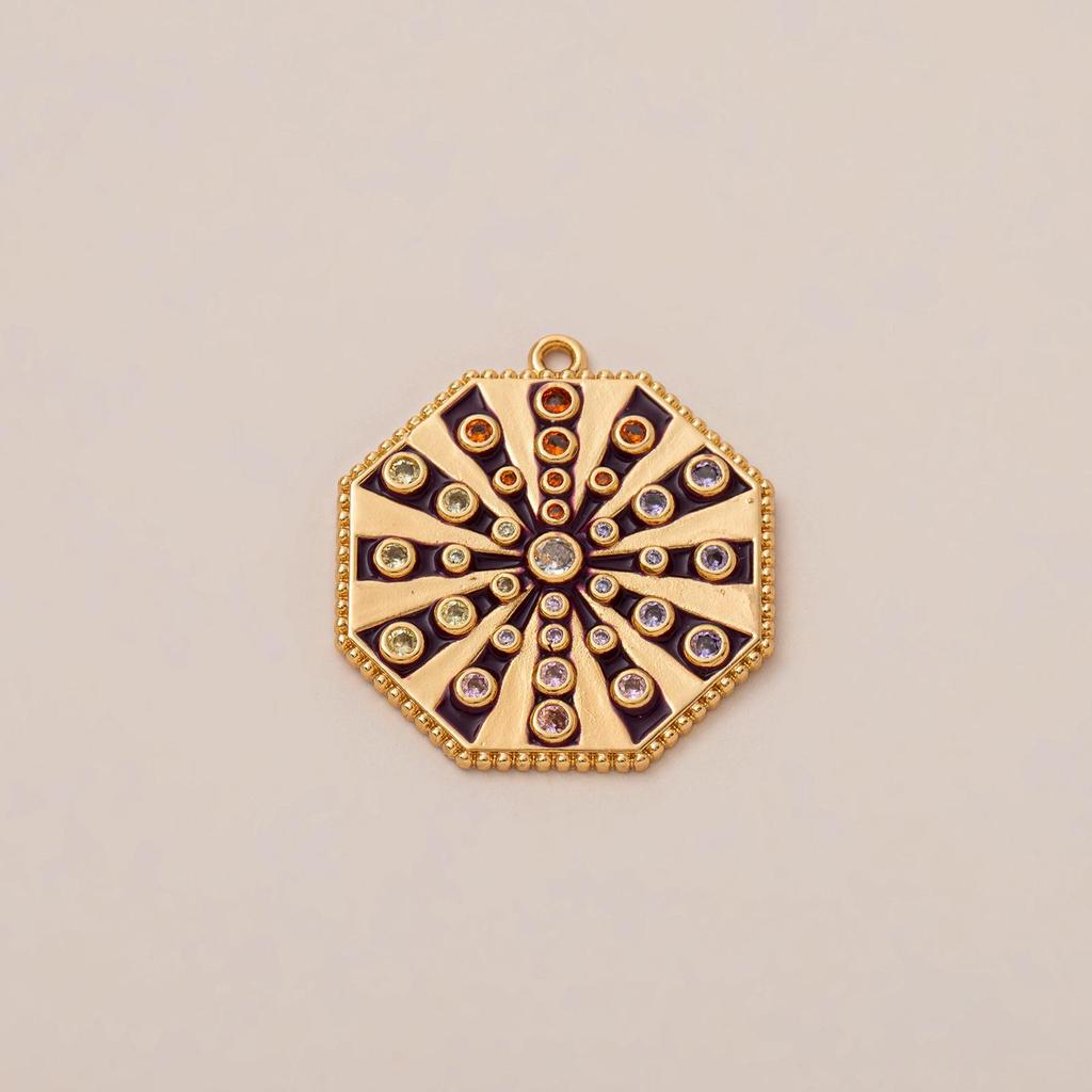 Simple Eight-Pointed Star Tarot Pendant with Moon, Sun, Star, Devil's Eye Design, Drip Oil, and Rhinestone Inlays In Copper.