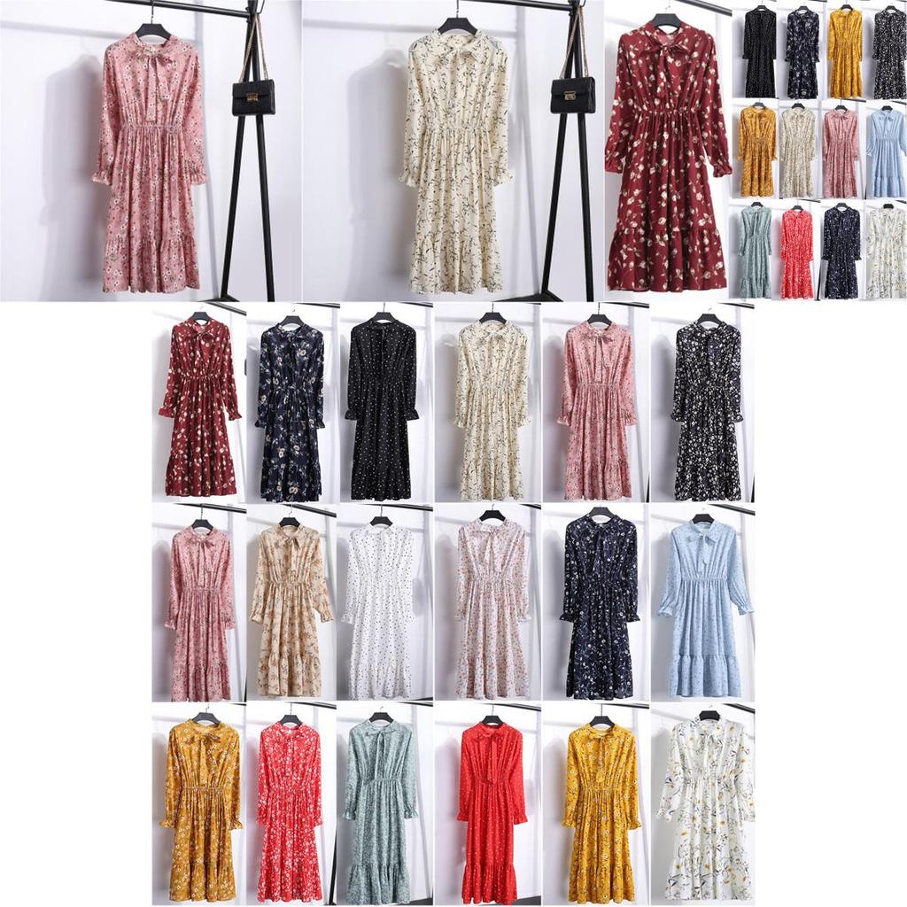 Elegant Floral Chiffon Long Sleeve Casual Vintage Boho Maxi Dress For Women
