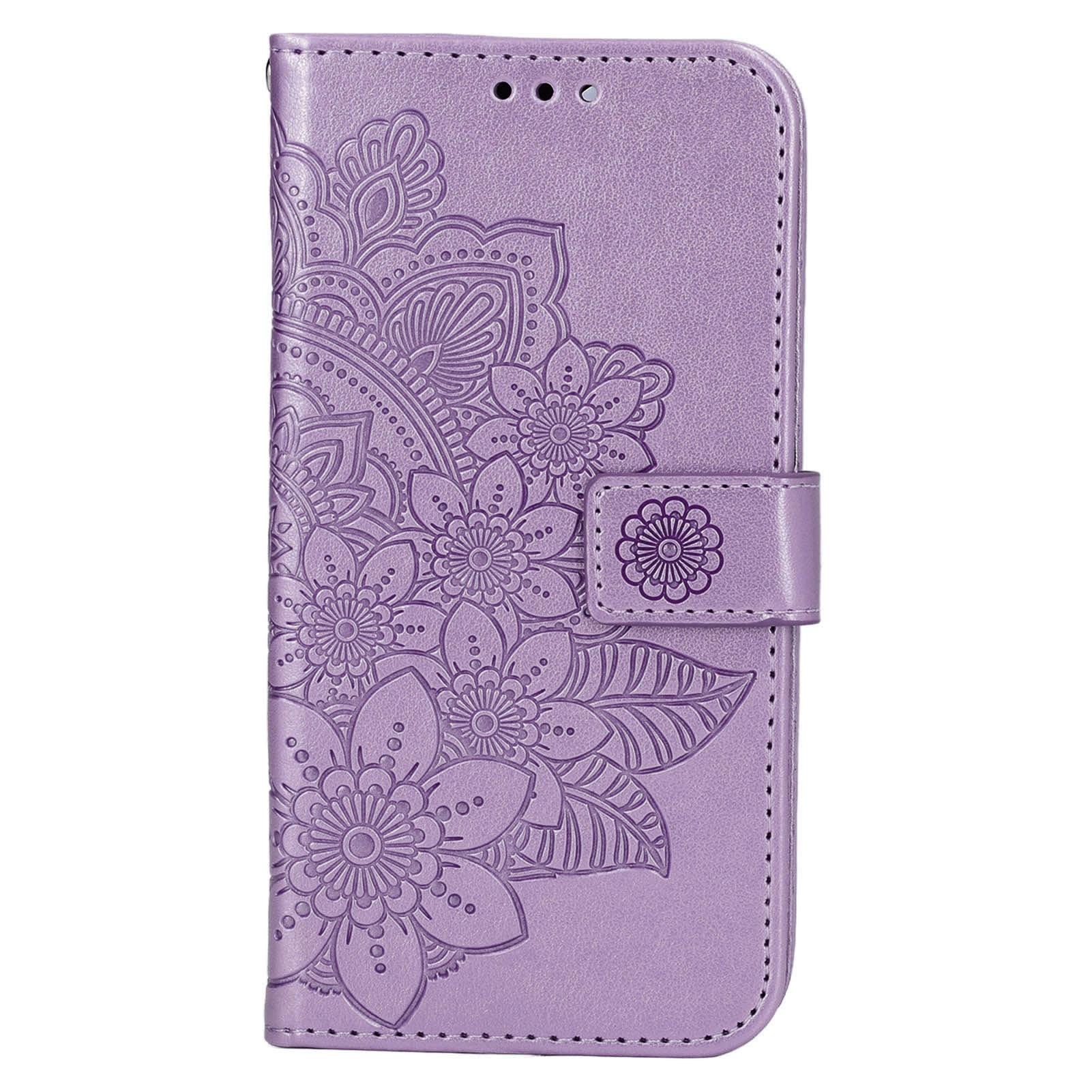 

Phone Wallet Case With Card Slot Stand PU Leather Flower Embossed Protective Flip Cover for IPhone 13 Purple фіолетовий