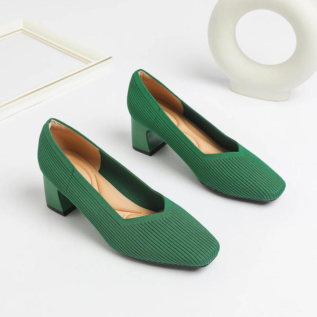 Buty Damskie Wysokie Obcasy Wygodne Kwadratowe Dzianinowe Oddychające Wygodne Damskie Baleriny (5 cm Wysoki) Kolekcja 2025