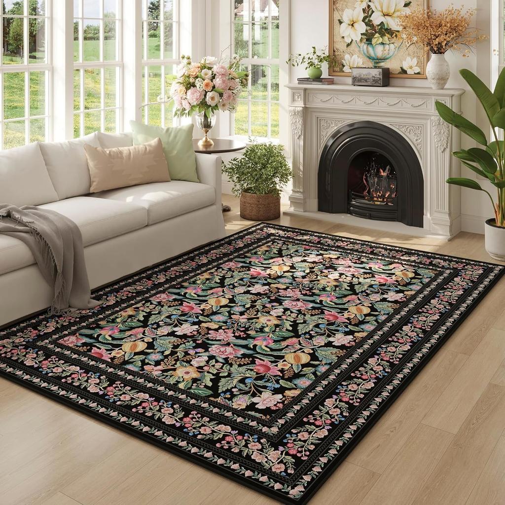 Rugs for Living Room Washable Vintage Floral Non Slip Low Pile Large Carpet for Bedroom Dining Room Nursery Play Beige Floor Mat