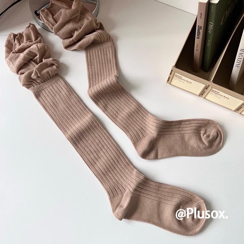 Lazy Style Over-the-Knee Women's Socks: Autumn/Winter White & Grey Scrunch, Thigh-High, Calf Boot Socks, Cotton, Japanese JK Style.