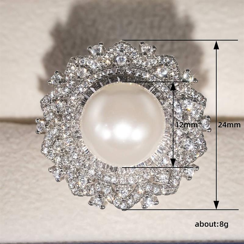 Huitan Gorgeous Round Women Ring Imitation Pearl Fancy Accessories for Wedding Engagement Noble Full Shiny CZ Lady Jewelry Gift