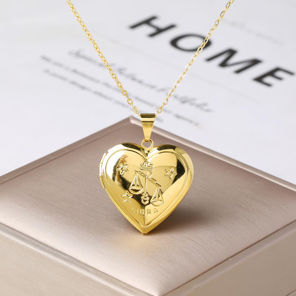 12 Zodiac Signs Openable Photo Frame Heart Locket Necklace for Women Gold Plated Astrology Horoscope Photo Pendant Jewelry Gift