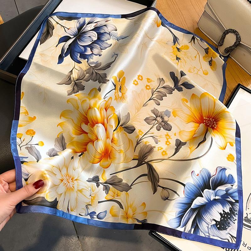 Luxury Flower Silk Square Scarf Women Satin Shawl Wrap Hijab Female Hair Band Wrist Headkerchief 70*70Cm Echarpe Bandana