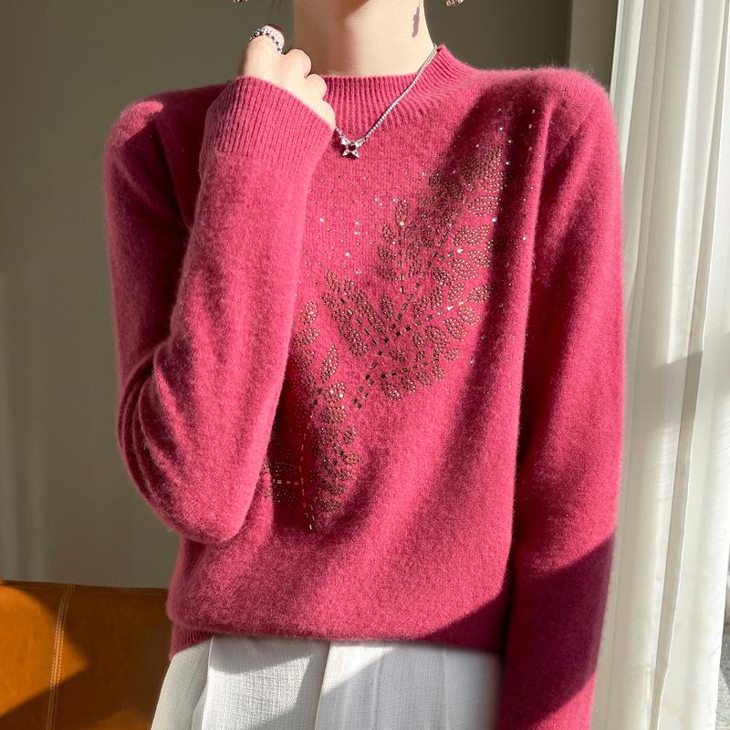 Thick Sequin Leaf Knit Sweater for Women - Autumn/Winter Half-High Collar