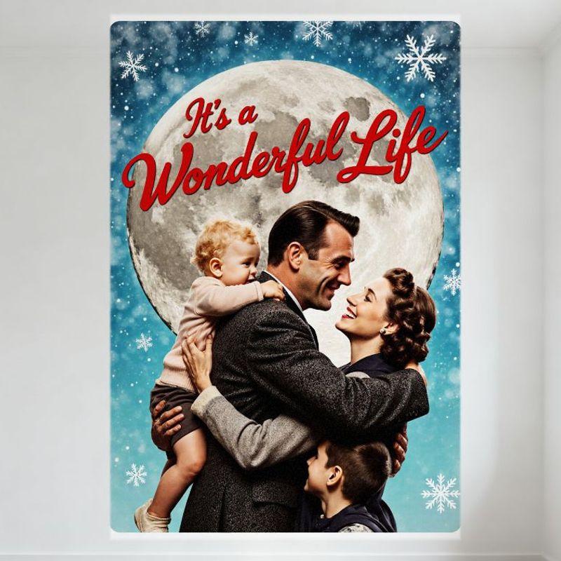Это замечательная жизнь Кино Металлическая жестяная табличка Винтажная семейная сцена с Луной Снежинками Фон Настенный Декор для Дома Бара Кафе Мужчины 20x30cm（7.8x11.8inch）