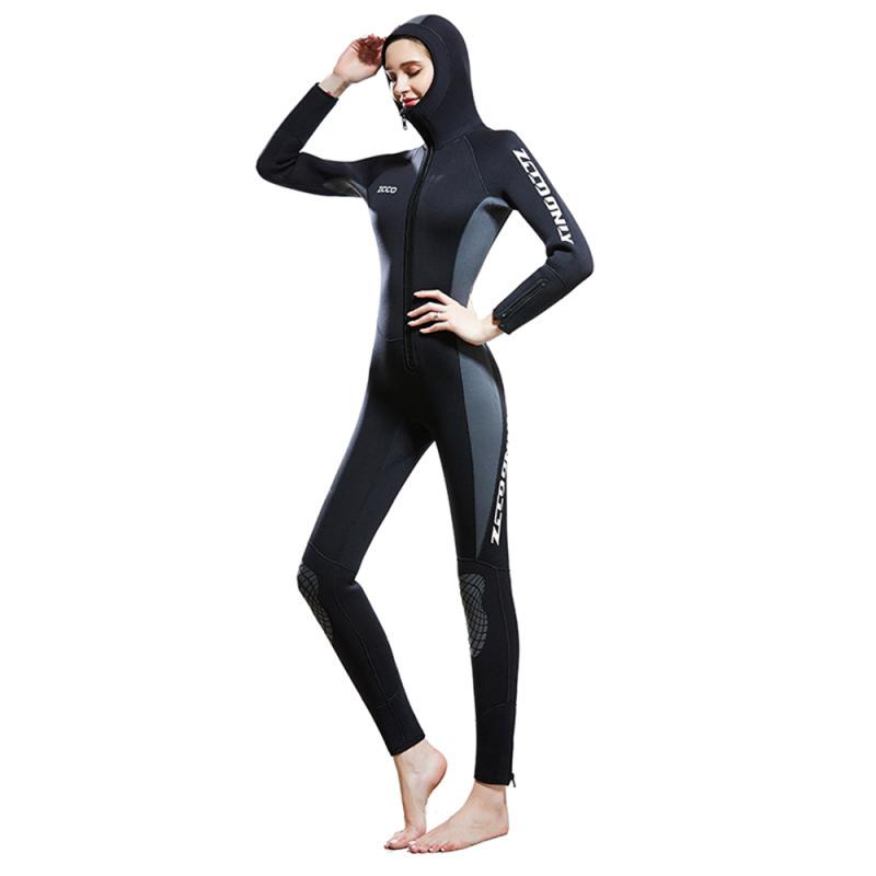 New 5MM Women One Piece Hooded ZCCO Wetsuit With Front Zipper Hood Thickened Warmth And Cold Proof Surfing Snorkeling Wetsuit