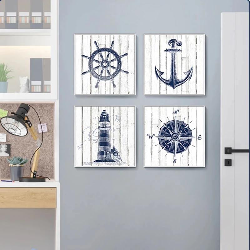Nautical Nursery Wall Art Oil Painting Navy Canvas Painting Mediterranean Boy Room Home Decoration Anchor Compass Lighthouse