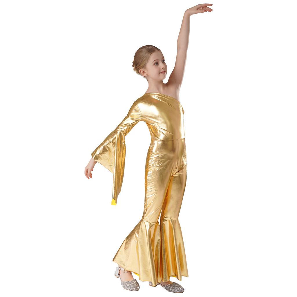Mädchen Metallic Glänzend Schlaghose Jumpsuit Ein Schulter Schlagärmel Tanzkostüm für Karnevalsparty