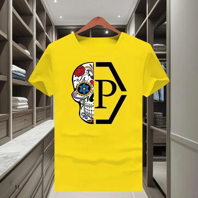 

Мужская классическая и трендовая брендовая футболка с коротким рукавом и круглым вырезом с полу-принтом черепа, свободного кроя, лето 2025, топ в стиле y2k 4XL