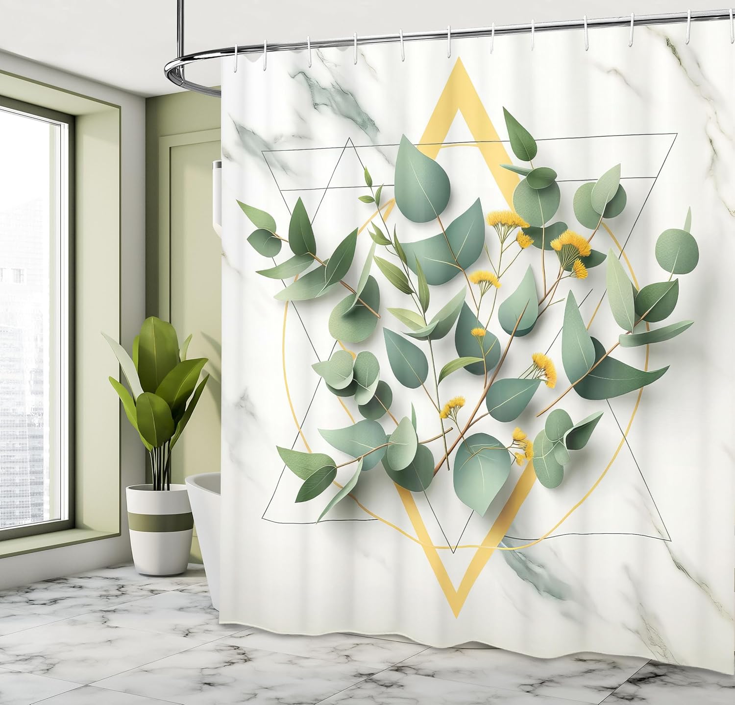 Eucalyptus Leaves Shower Curtain, Modern Botanical Composition with Branches on Polygonal Shapes, Cloth Fabric Bathroo 90x180cm