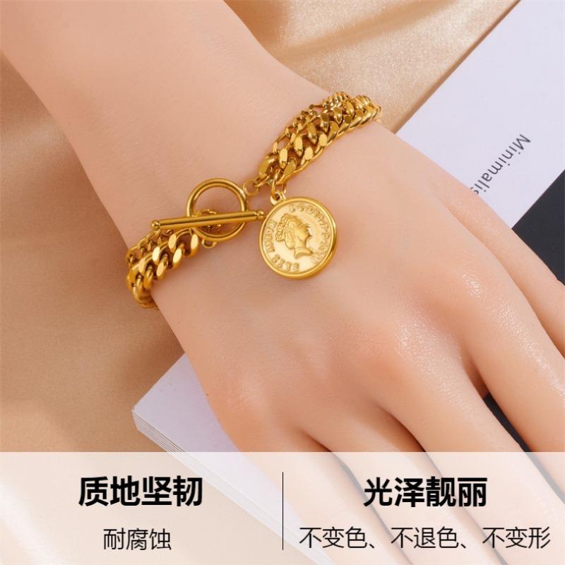 Modisches Vintage Goldplattiertes Porträt Runder Anhänger Edelstahl OT-Verschluss Armband
