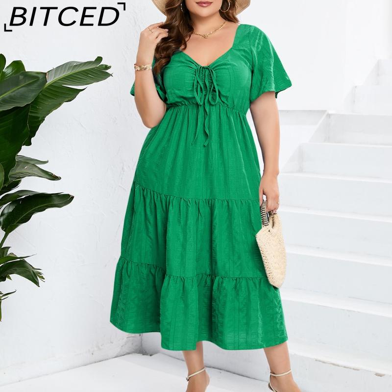 BITCED V-Neck High-Waisted Long Dress Short-Sleeve Plus Size Dress