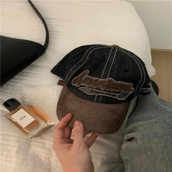 American retro lettered distressed baseball cap for couples, versatile sun hat, large head circumference, makes the face look smaller, denim baseball