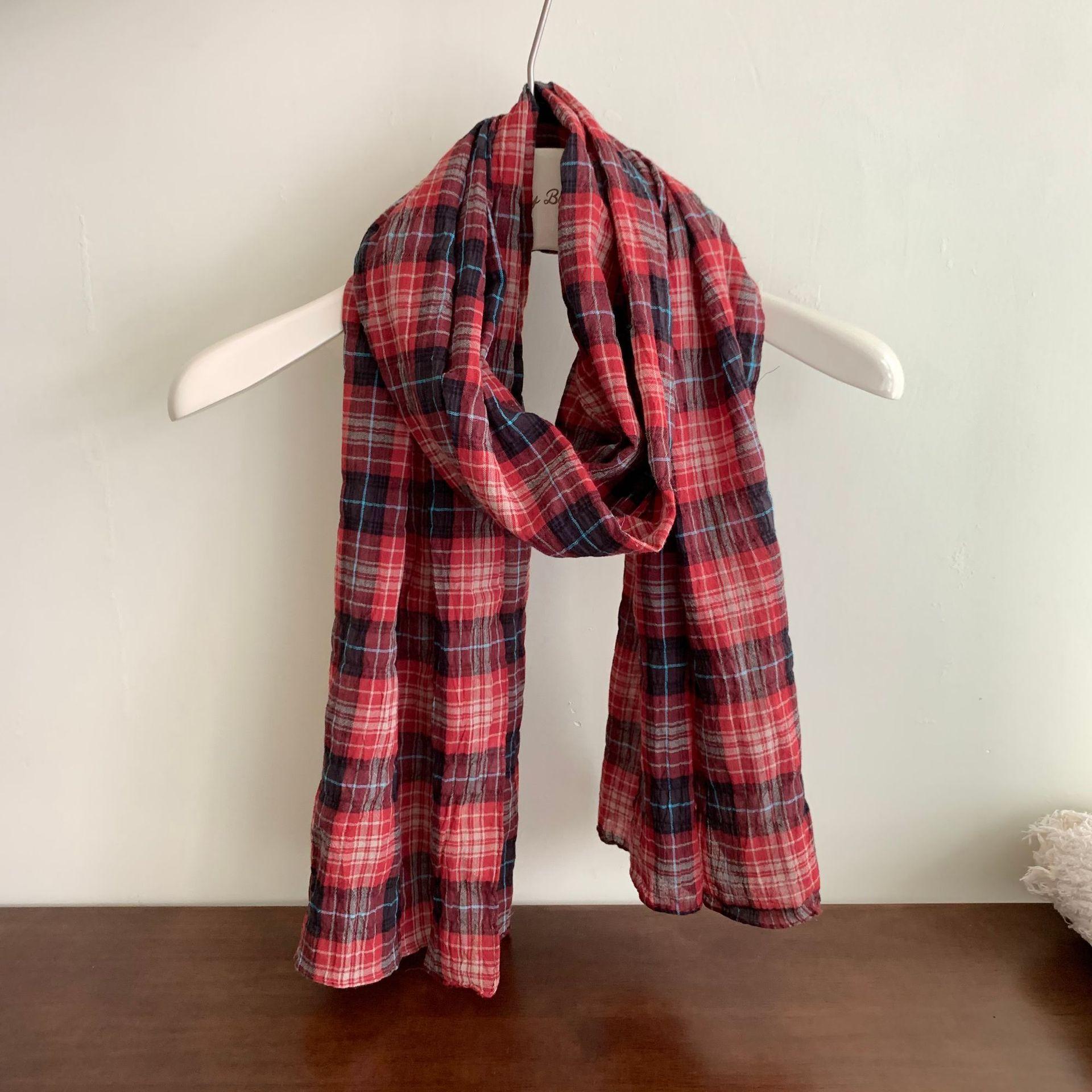 Cotton plaid! Literary and retro plaid scarf autumn and winter, Japanese versatile neck protector slender small silk scarf women 36-160*