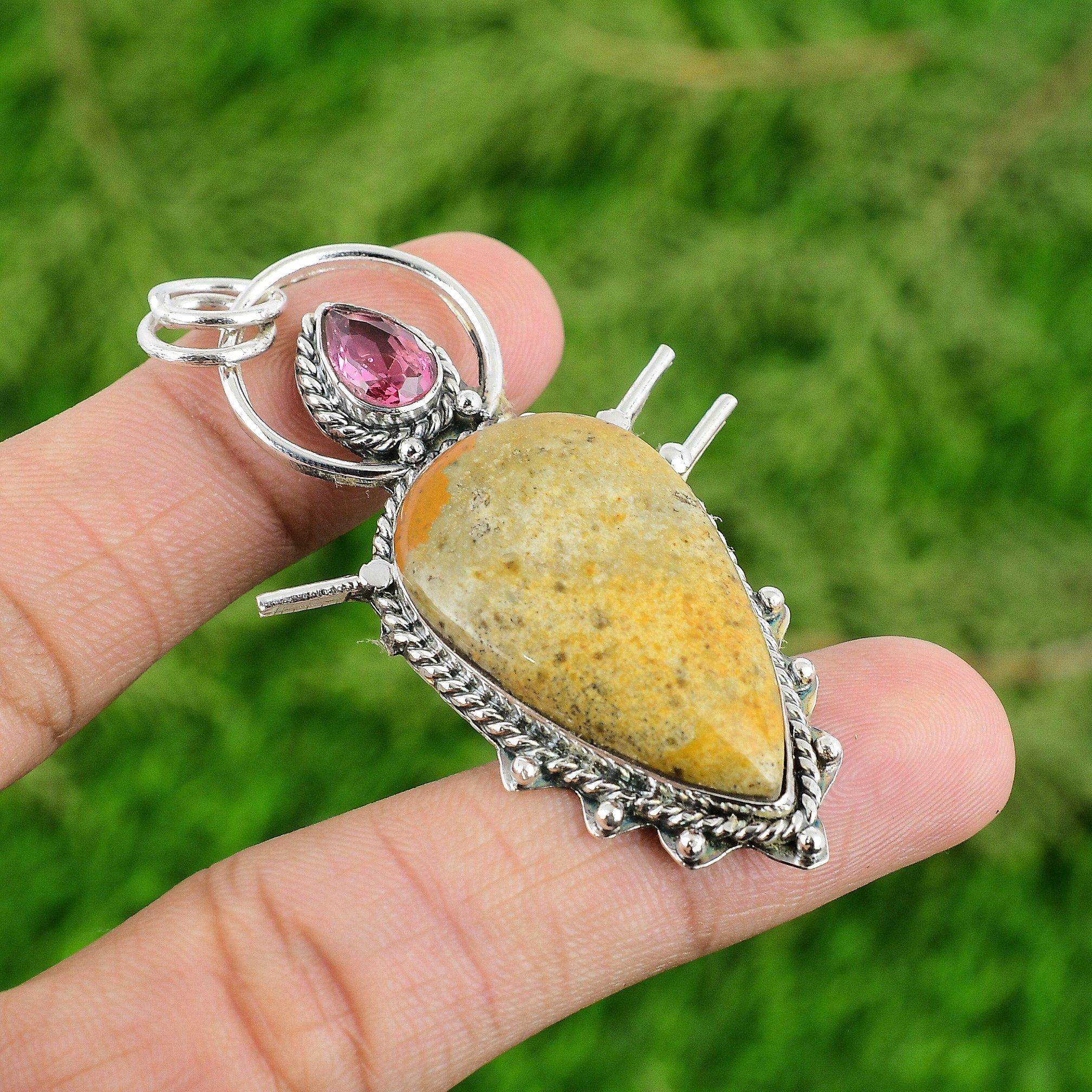

Natural Fossil Coral Gemstone Pendant Yellow 925 Sterling Silver Indian Jewelry