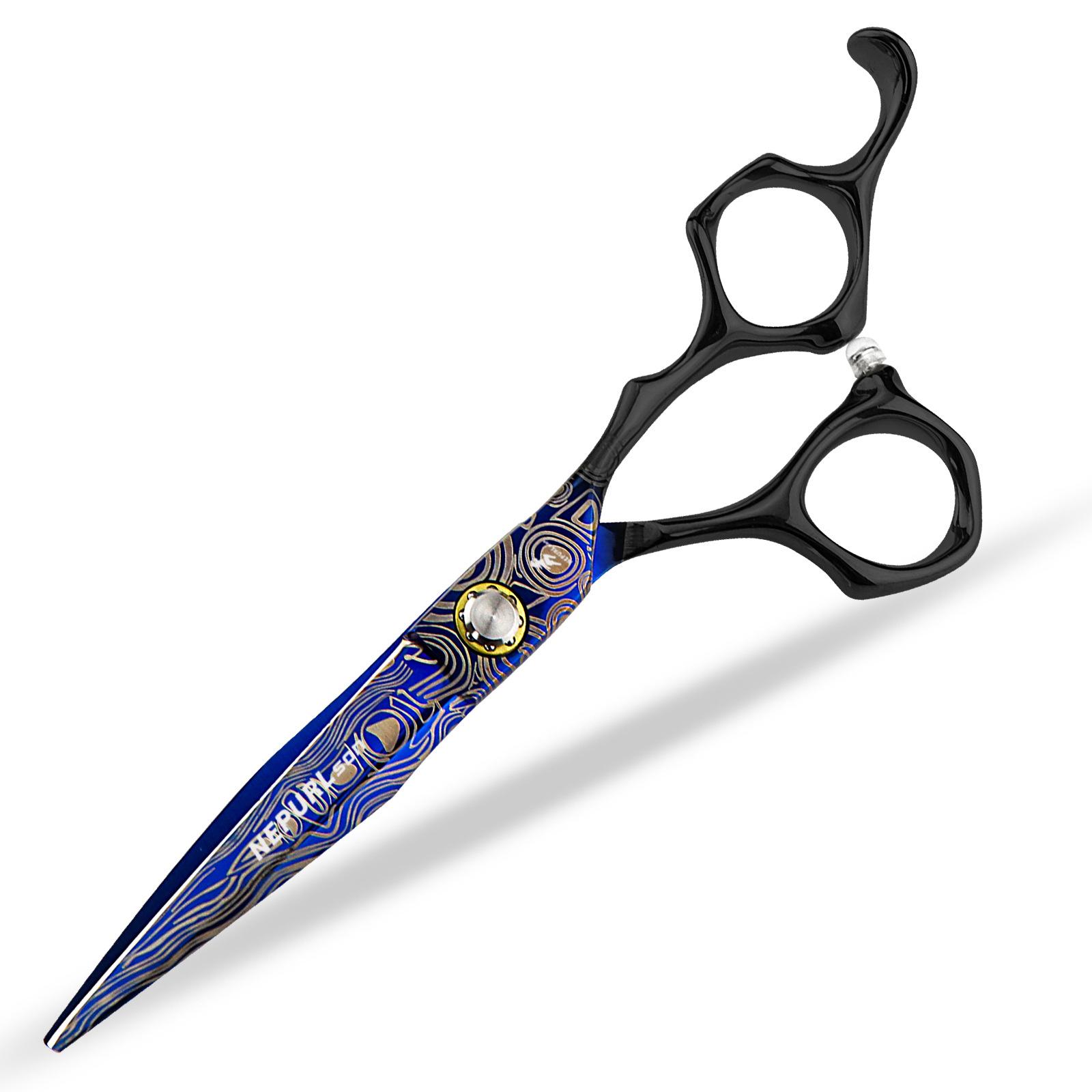 6.0 inch Nimpson black handle blue pattern hair scissors, hair scissors, flat scissors, bangs scissors black handle blue pattern flat scissors