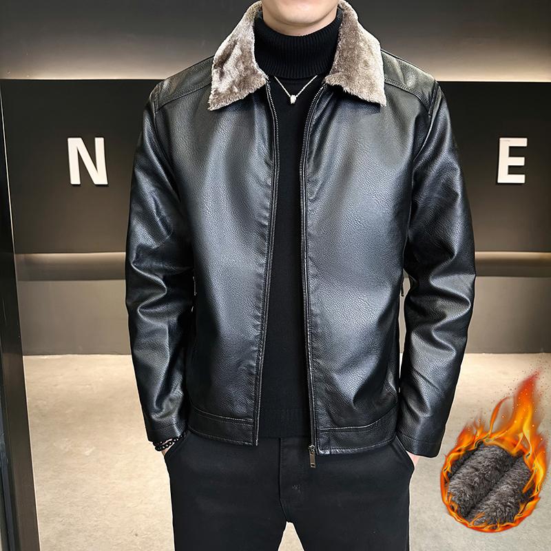 

Plush and Thickened Top, Leather Jacket, Men s PU Leather Jacket, Autumn and Winter Lapel, Business Jacket L чорний