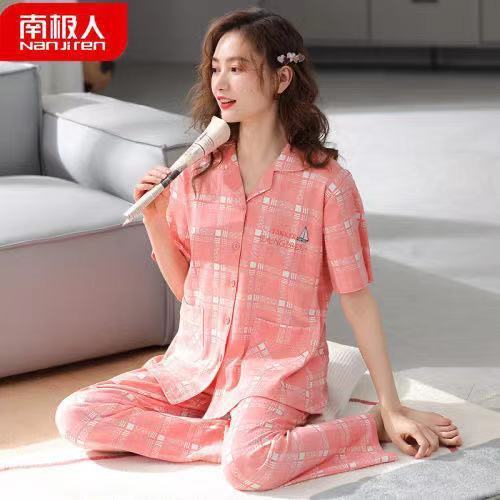 Pure cotton pajamas women's summer cover, thin can be worn outside, short-sleeved plaid large-size cotton loungewear set