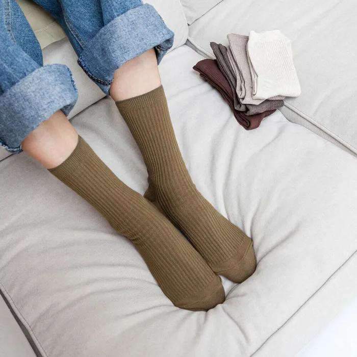 [BIARRITZ] 20 Colors Four Seasons Basic Plain Ribbed Socks Mid-Length Unisex_Barbie
