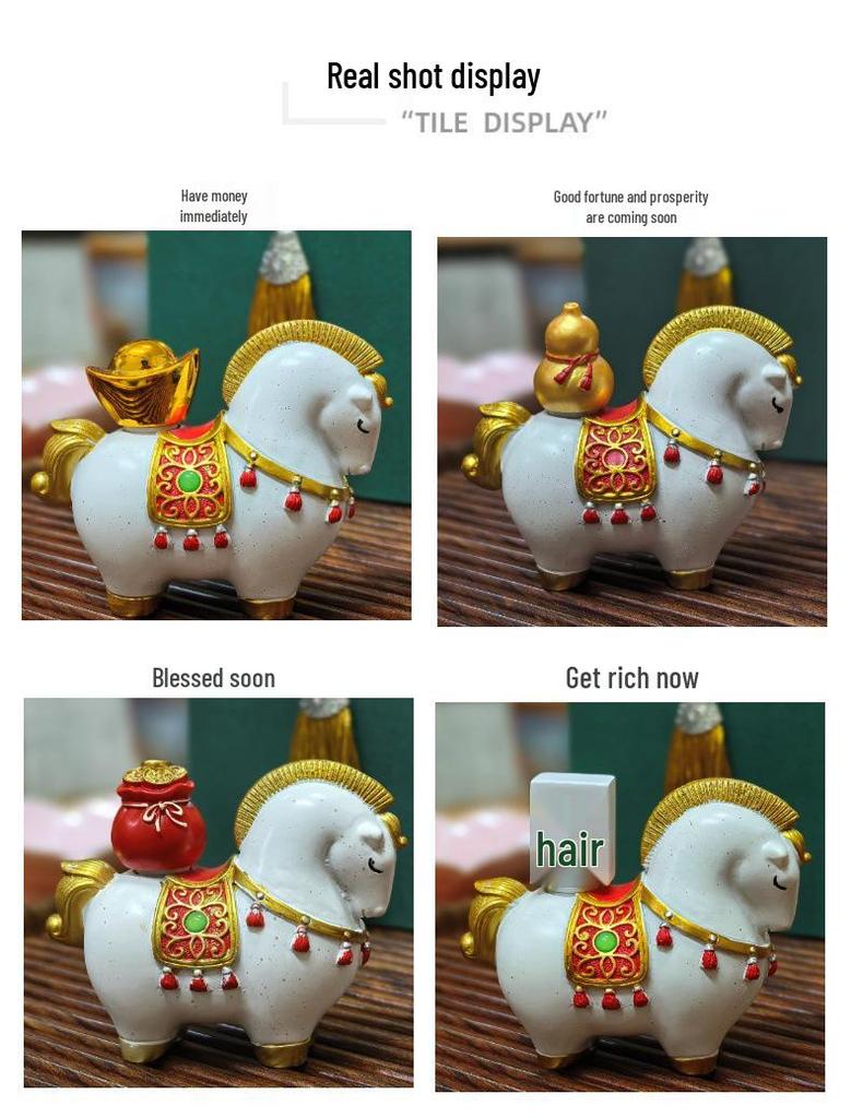 Chinese New Year Wealth & Fortune Gift Set: Year of the Horse Gold Painting with White Horse Decor