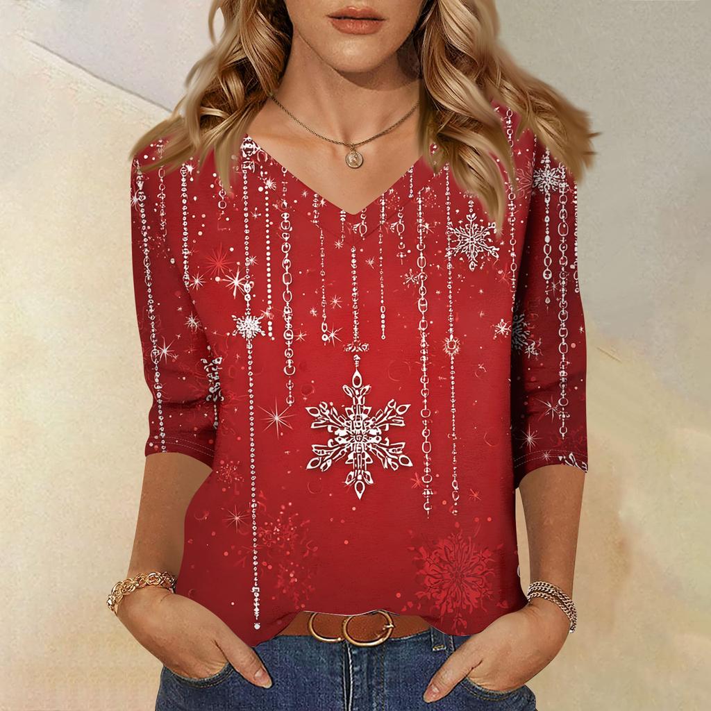 Women's T Shirt CHristmas Print 3/4 Sleeve Daily Weekend Fashion Basic V- Neck Regular Top
