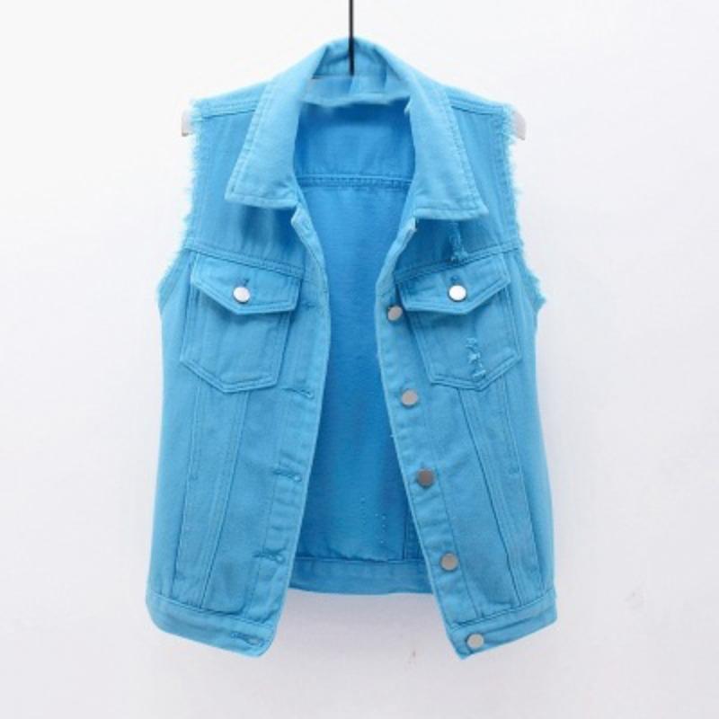 Women Single Breasted Denim Vest Autumn Winter Solid Casual Turn Down Collar Pocket Sleeveless Short Jean Coat Streetwear