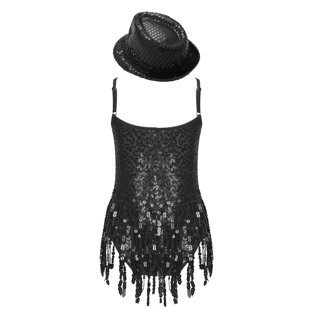 Girls Sleeveless V Neckline Mesh Patchwork Shiny Sequins Tassel Hem Leotard Hat Jazz Latin Dance Costume