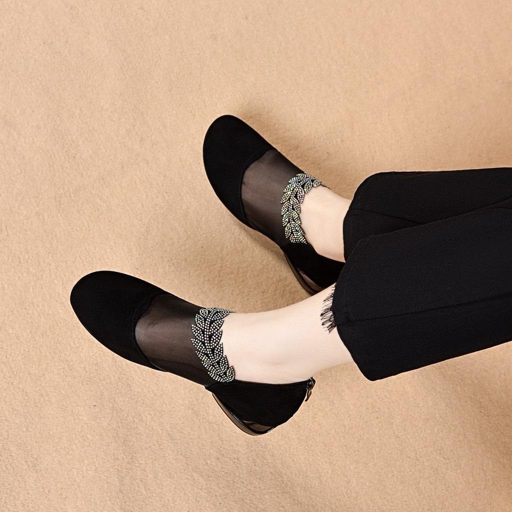 Round Head Mesh Single Shoes Women's 2025 Spring and Summer New Rhinestone Leaf Mesh Shoes Breathable Flat Shoes Rear Zipper Women's Ankle Shoes