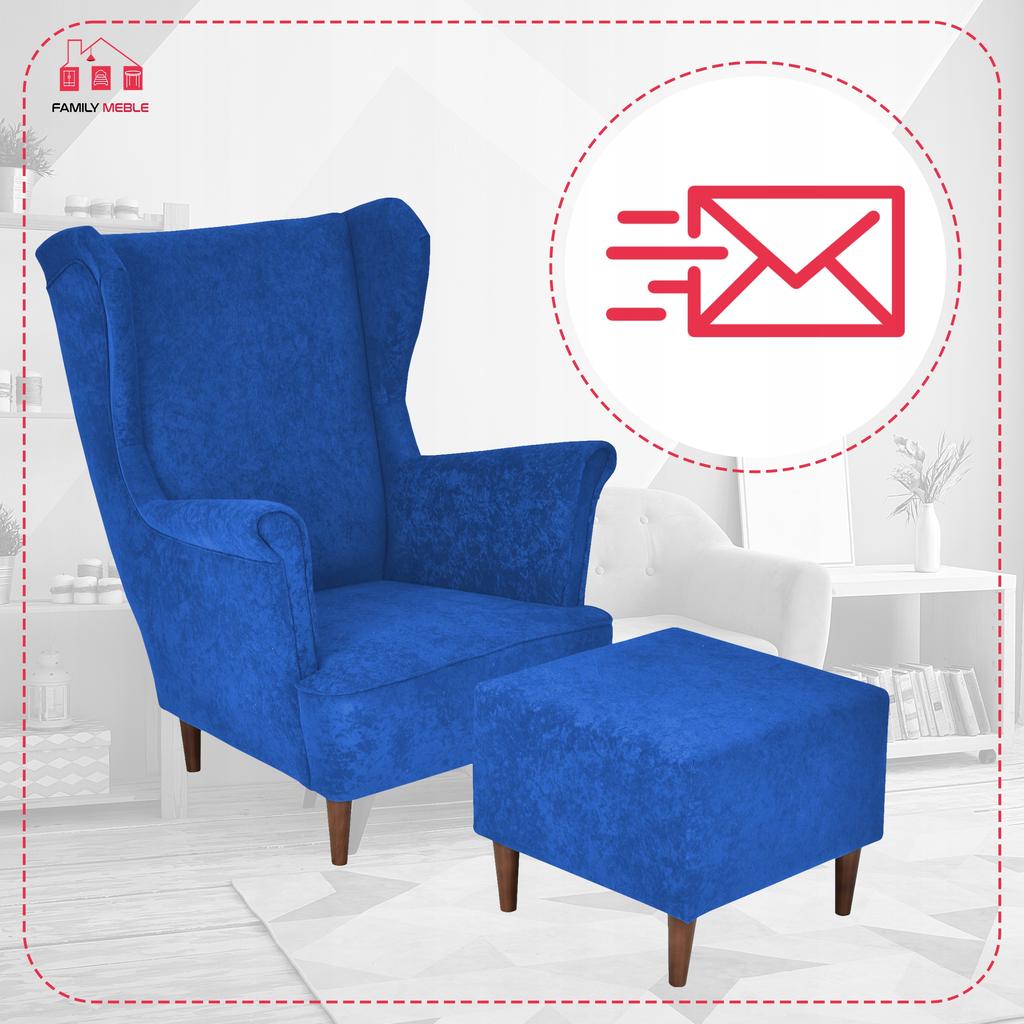 Fotel uszak MAX z podnóżkiem skandynawski Family Meble niebieski chabr