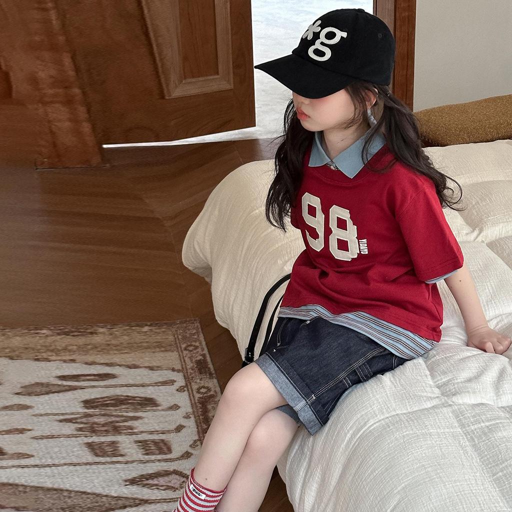 Koreanischer Stil Kurzarm-Polo & Jeansshorts Set für Mädchen - Trendige mittellange Campus-Mode für Kinder