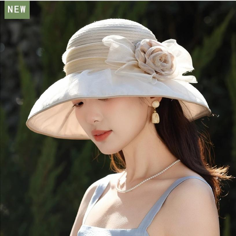 Elegant Organza UV Protection Hat Summer Ladies Outdoor Flower Sun Hat Mom's Hat