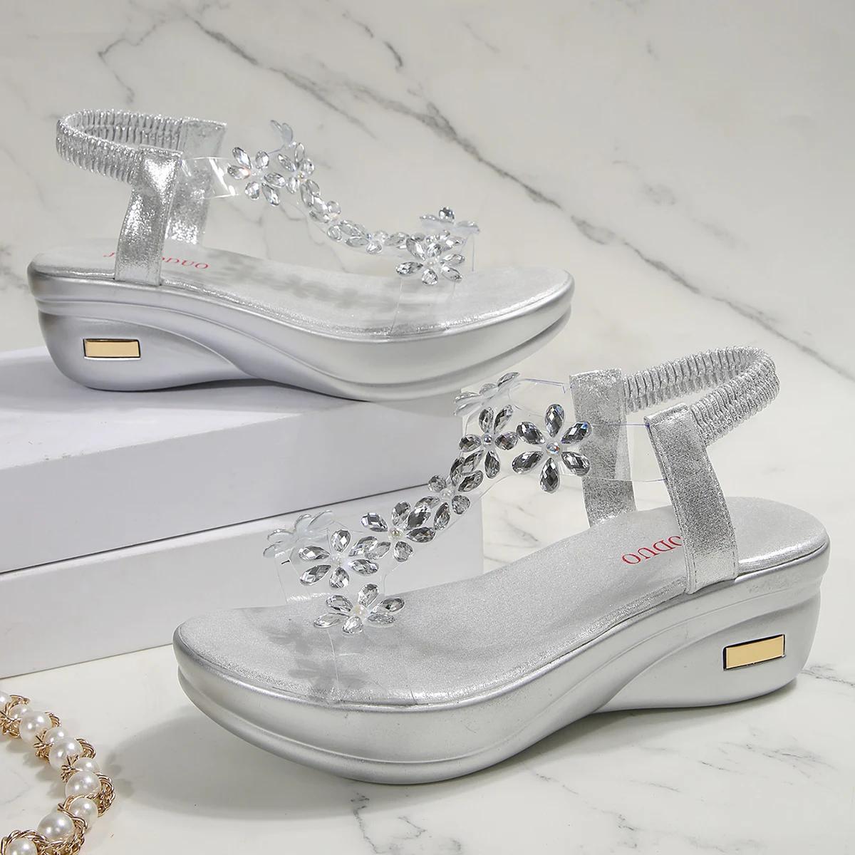 

Fashion New Women Sandals Chunky Heel Platform Sandals Ladies Crystal Flower Decoration Shoes for Women Back Strap Fashion Shoes Female 36 серебряный