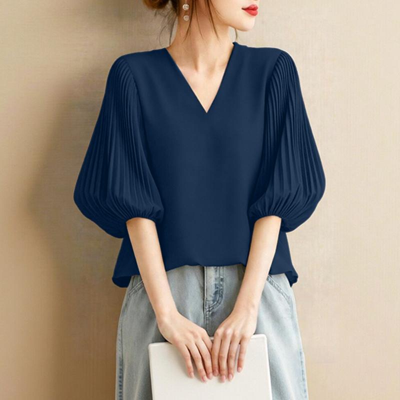 ZANZEA Women Elegant Casual V-Neck Solid Color Loose 3/4 Sleeve Blouse S