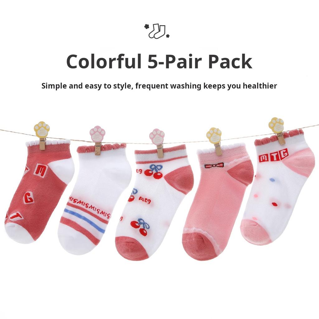 5 Pairs of Girls' Socks, Baby Breathable Cotton Socks, Medium and Large Children's Boat Socks