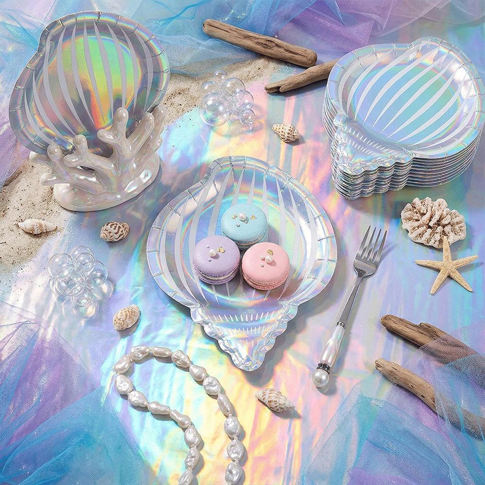 Holographic Mermaid Party Decorations Iridescent Under The Sea Girls Birthday Shell Tableware Plates Cups Tablecloth Baby Shower