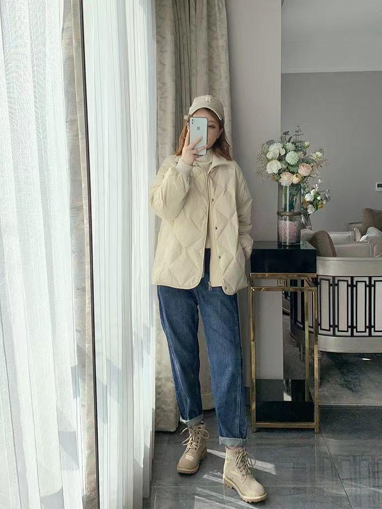 Malá patchworková prošívaná péřová bunda se stojáčkem - Lehká, Krátká, Volný střih, Silné prachové peří z bílé kachny, Směs spandexu na zimu