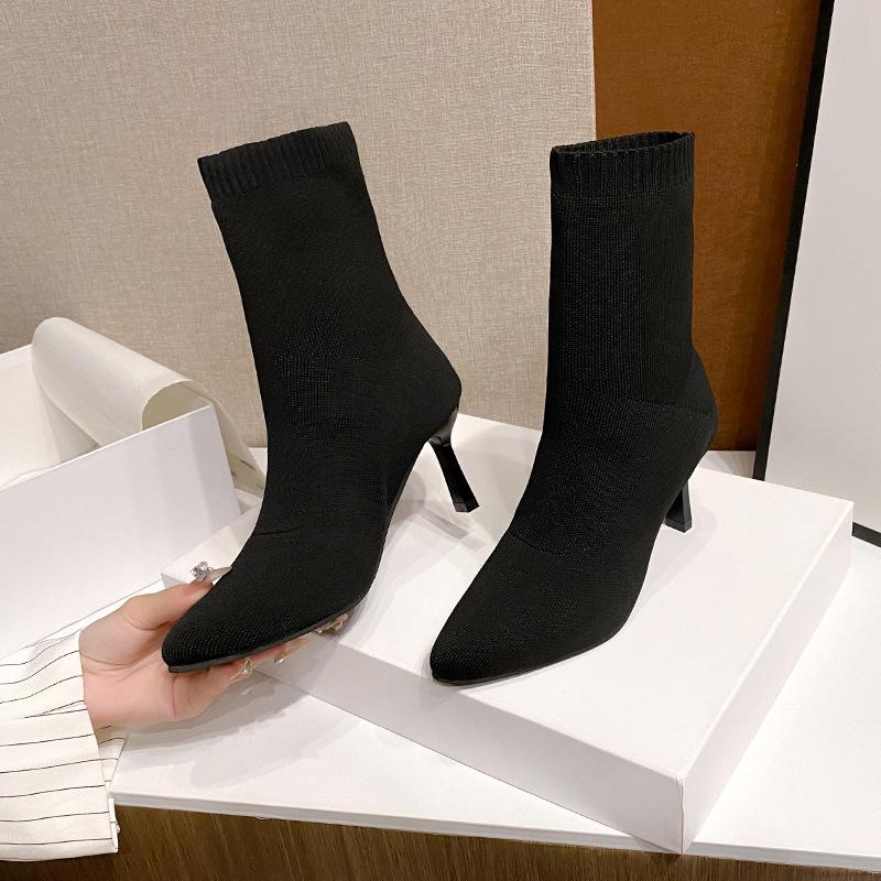 Sexy Knitting Stretch High Heels Sock Boots Woman Autumn Blue Breathable Pointed Toe Ankle Boots Women