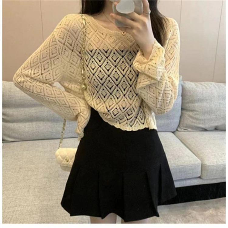 Damen Strick-Sonnenschutzshirt mit Aushöhlungen, locker, kurz, Pullover-Überwurf, Eisseidenhemd, Frühlingsoberteil