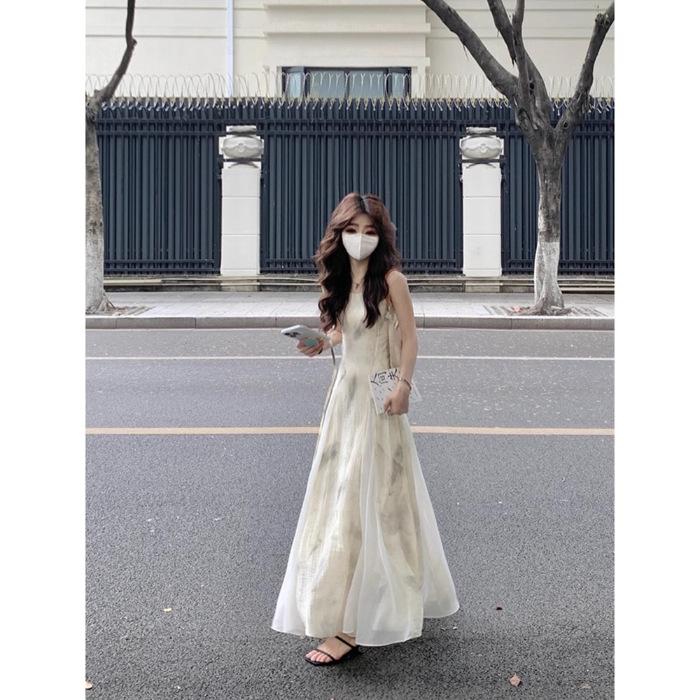 2025 Summer Chinese-Inspired Spaghetti Strap Dress - Elegant Ink Painting Design Extra Large