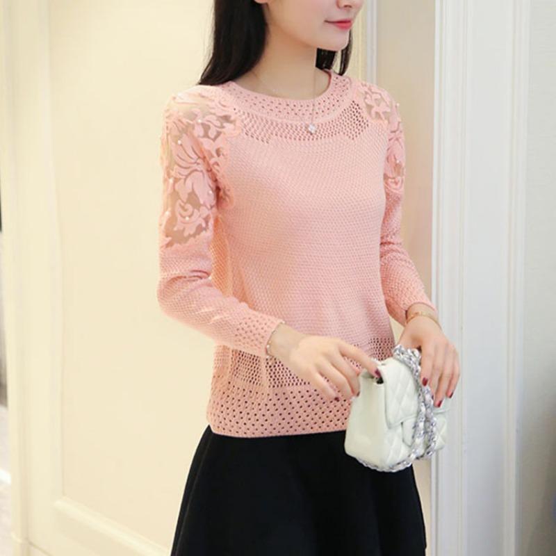

Классический летний ажурный вязаный свитер для женщин с круглым вырезом и длинным рукавом, модные сетчатые повседневные свитера, интерьер one size розовый