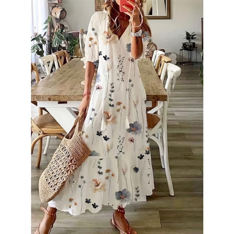 Modna Sukienka Maxi z Krótkim Rękawem, Luźna, z Dekoltem w Serek, Drukowana, Casualowa, Słodka, z Wysokim Stanem, Wiosenna, Letnia, Elegancka, Wakacyjna, A-line, Damska, Prosta, Odzież Damska