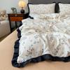 INS French Style Floral Simple Black Lace Double Layer Gauze Bedding Set Washed Cotton Bed Sheet Fitted Sheet Fresh Quilt Cover