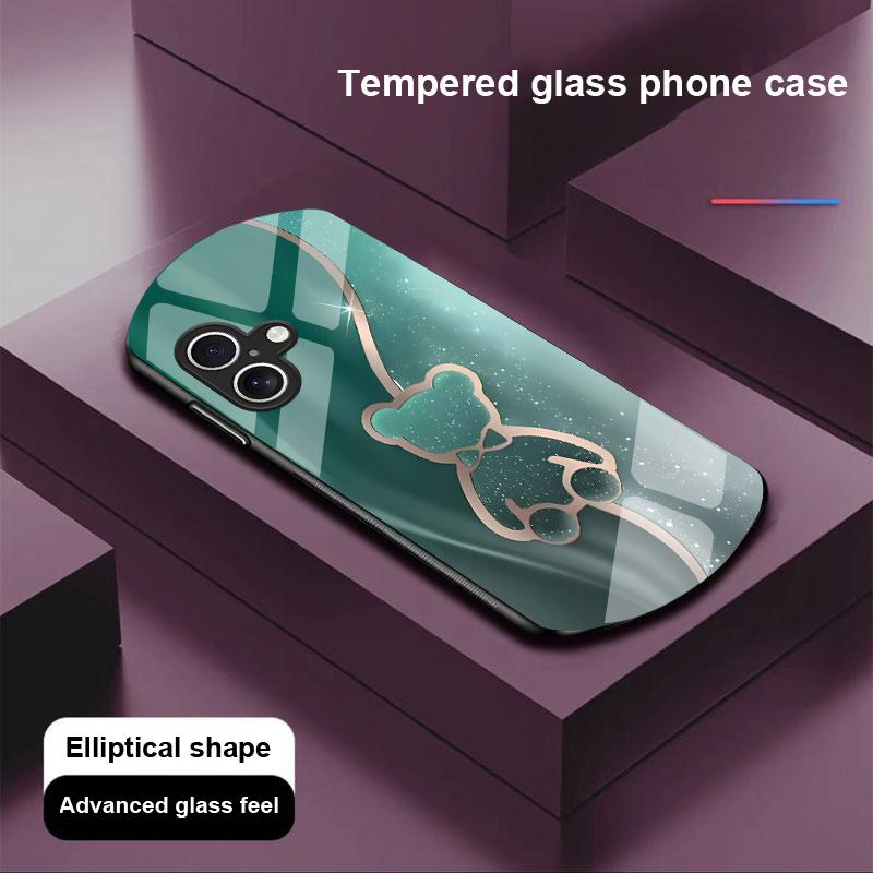 Trompe L'oeil Bear For Apple IPhone 16 11 13 15 14 Pro Max 12 Mini 7 8 Plus XR X XS Elliptical Shaped Tempered Glass Phone Case